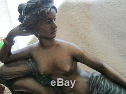 Vintage Semi Chair Woman On Chaise Lounge Bronze Signed Gossin On Marble Base