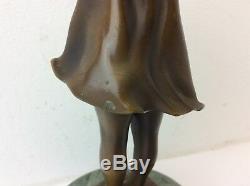 Vintage Signed Bronze Green Marble Base S Buzard Fonte Little Girl Figurine