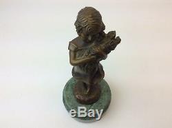 Vintage Signed Bronze Green Marble Base S Buzard Fonte Little Girl Figurine