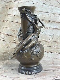 Vintage Signed Moreau Chair Nymph Art Statue Bronze Vase Marble Base 13 Large