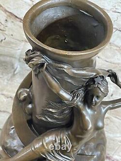 Vintage Signed Moreau Chair Nymph Art Statue Bronze Vase Marble Base 13 Large