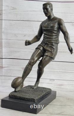Vintage Style Bronze Rugby Player Statue, Sports Icon, Marble Base, Signed Decor