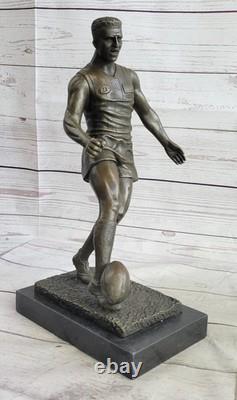 Vintage Style Bronze Rugby Player Statue, Sports Icon, Marble Base, Signed Decor