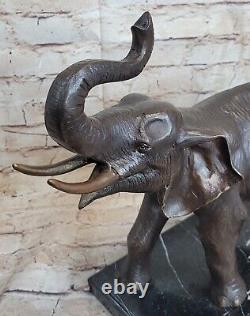 Wild Life Elephant Bronze Statue With/Marble Base Signed Sculpture Figurine