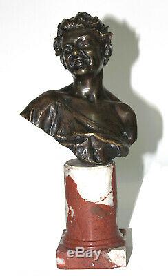 XIX Bronze Bust Laughing Signed Follot Marble Pedestal