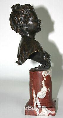 XIX Bronze Bust Laughing Signed Follot Marble Pedestal