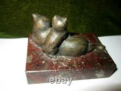 XIX Bronze Cat And His Little Marble Sign Rolland Antique Bronze Cat And Small