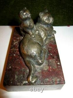 XIX Bronze Cat And His Little Marble Sign Rolland Antique Bronze Cat And Small