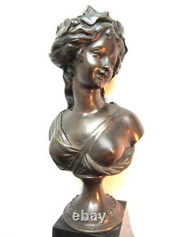 Xixth Statue, Woman On Black Marble Base, Patinated Bronze, Signed L. V. E. Robert