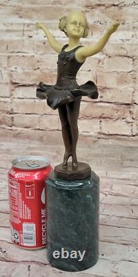 Young Girl Ballerina Sculpture Figurine in Green Marble Bronze Signed