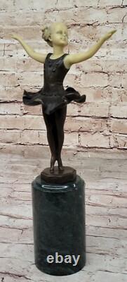 Young Girl Ballerina Sculpture Figurine in Green Marble Bronze Signed