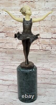 Young Girl Ballerina Sculpture Figurine in Green Marble Bronze Signed
