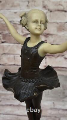 Young Girl Ballerina Sculpture Figurine in Green Marble Bronze Signed