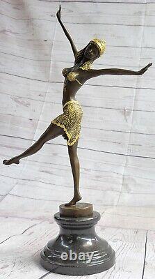 1 Jour Solde Vintage Signée Exotique Danseuse en Bronze Statue Art Déco Marbre