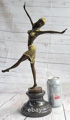 1 Jour Solde Vintage Signée Exotique Danseuse en Bronze Statue Art Déco Marbre