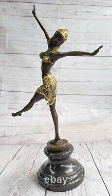 1 Jour Solde Vintage Signée Exotique Danseuse en Bronze Statue Art Déco Marbre