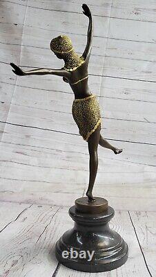 1 Jour Solde Vintage Signée Exotique Danseuse en Bronze Statue Art Déco Marbre