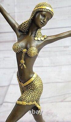 1 Jour Solde Vintage Signée Exotique Danseuse en Bronze Statue Art Déco Marbre