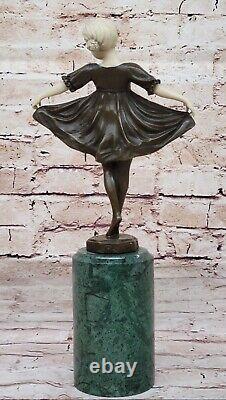 100% Bronze Sculpture Statue Signée Bébé Fille Débarcadère Marbre Figurine