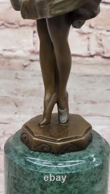 100% Bronze Sculpture Statue Signée Bébé Fille Débarcadère Marbre Figurine