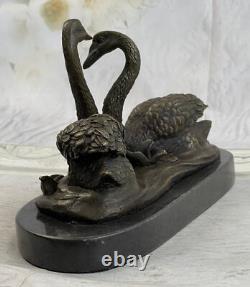 100% Bronze Sculpture Statue Signée Milo Deux Beau Cygnes Deco Marbre Ouvre