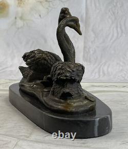 100% Bronze Sculpture Statue Signée Milo Deux Beau Cygnes Deco Marbre Ouvre