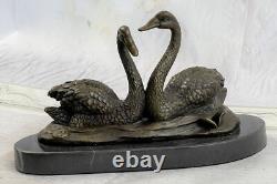 100% Bronze Sculpture Statue Signée Milo Deux Beau Cygnes Deco Marbre Ouvre