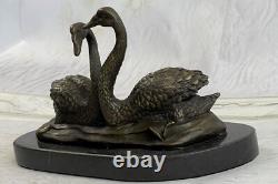 100% Bronze Sculpture Statue Signée Milo Deux Beau Cygnes Deco Marbre Ouvre