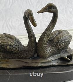 100% Bronze Sculpture Statue Signée Milo Deux Beau Cygnes Deco Marbre Ouvre
