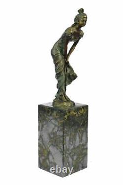 100% Bronze Sculpture Style Art Nouveau Déco Fille Statue. Signé Marbre Figurine