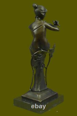 100% Bronze Signé Dame Femme Assis Sur Chaise Oiseau 10 Sculpture Marbre Base