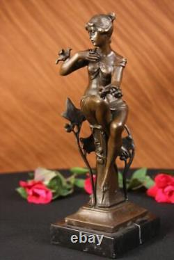 100% Bronze Signé Lady Femme Assis Sur Chaise Oiseau 10 Sculpture Marbre Base