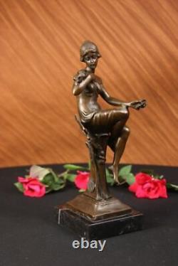 100% Bronze Signé Lady Femme Assis Sur Chaise Oiseau 10 Sculpture Marbre Base