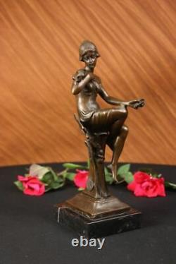 100% Bronze Signé Lady Femme Assis Sur Chaise Oiseau 10 Sculpture Marbre Base