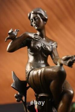 100% Bronze Signé Lady Femme Assis Sur Chaise Oiseau 10 Sculpture Marbre Base