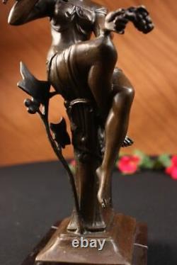 100% Bronze Signé Lady Femme Assis Sur Chaise Oiseau 10 Sculpture Marbre Base