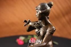 100% Bronze Signé Lady Femme Assis Sur Chaise Oiseau 10 Sculpture Marbre Base