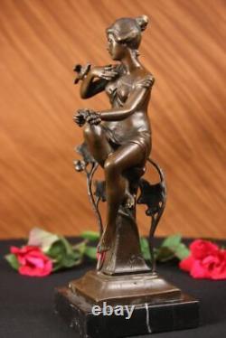 100% Bronze Signé Lady Femme Assis Sur Chaise Oiseau 10 Sculpture Marbre Base