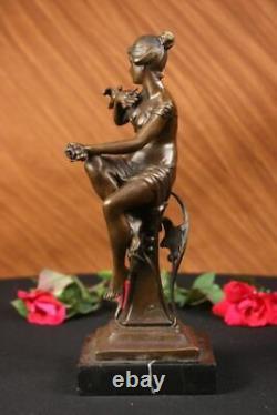 100% Bronze Signé Lady Femme Assis Sur Chaise Oiseau 10 Sculpture Marbre Base
