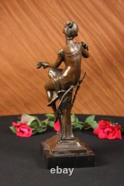 100% Bronze Signé Lady Femme Assis Sur Chaise Oiseau 10 Sculpture Marbre Base