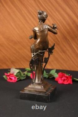 100% Bronze Signé Lady Femme Assis Sur Chaise Oiseau 10 Sculpture Marbre Base