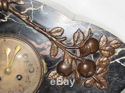 10e18 Ancienne Horloge Marbre Ornements Bronze Fruits Art Déco Signe Reveipolis