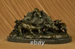 17.5 Signée Art Statue Bronze Marbre Sauvage Sanglier Cochon & Chasse Chien