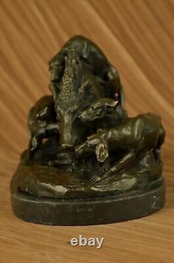 17.5 Signée Art Statue Bronze Marbre Sauvage Sanglier Cochon & Chasse Chien