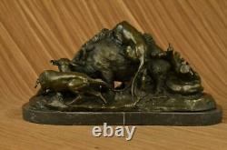 17.5 Signée Art Statue Bronze Marbre Sauvage Sanglier Cochon & Chasse Chien