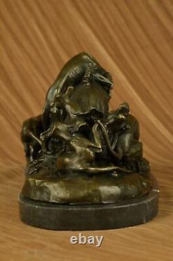 17.5 Signée Art Statue Bronze Marbre Sauvage Sanglier Cochon & Chasse Chien