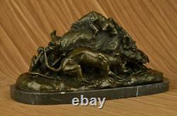 17.5 Signée Art Statue Bronze Marbre Sauvage Sanglier Cochon & Chasse Chien