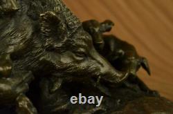 17.5 Signée Art Statue Bronze Marbre Sauvage Sanglier Cochon & Chasse Chien