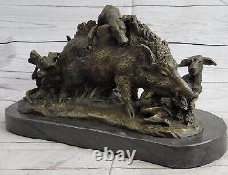 17.5 Signée Art Statue Bronze Marbre Sauvage Sanglier Cochon Chasse Chien War