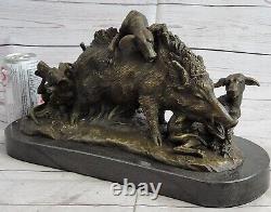 17.5 Signée Art Statue Bronze Marbre Sauvage Sanglier Cochon Chasse Chien War